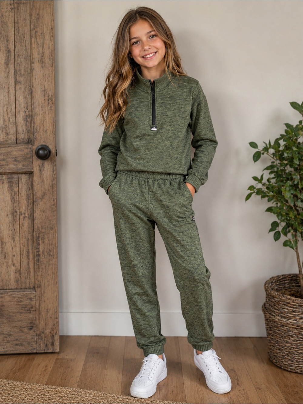 AVALANCHE Girls Olive Green Half-Zip Sweatshirt & Jogger Set-size 10/12